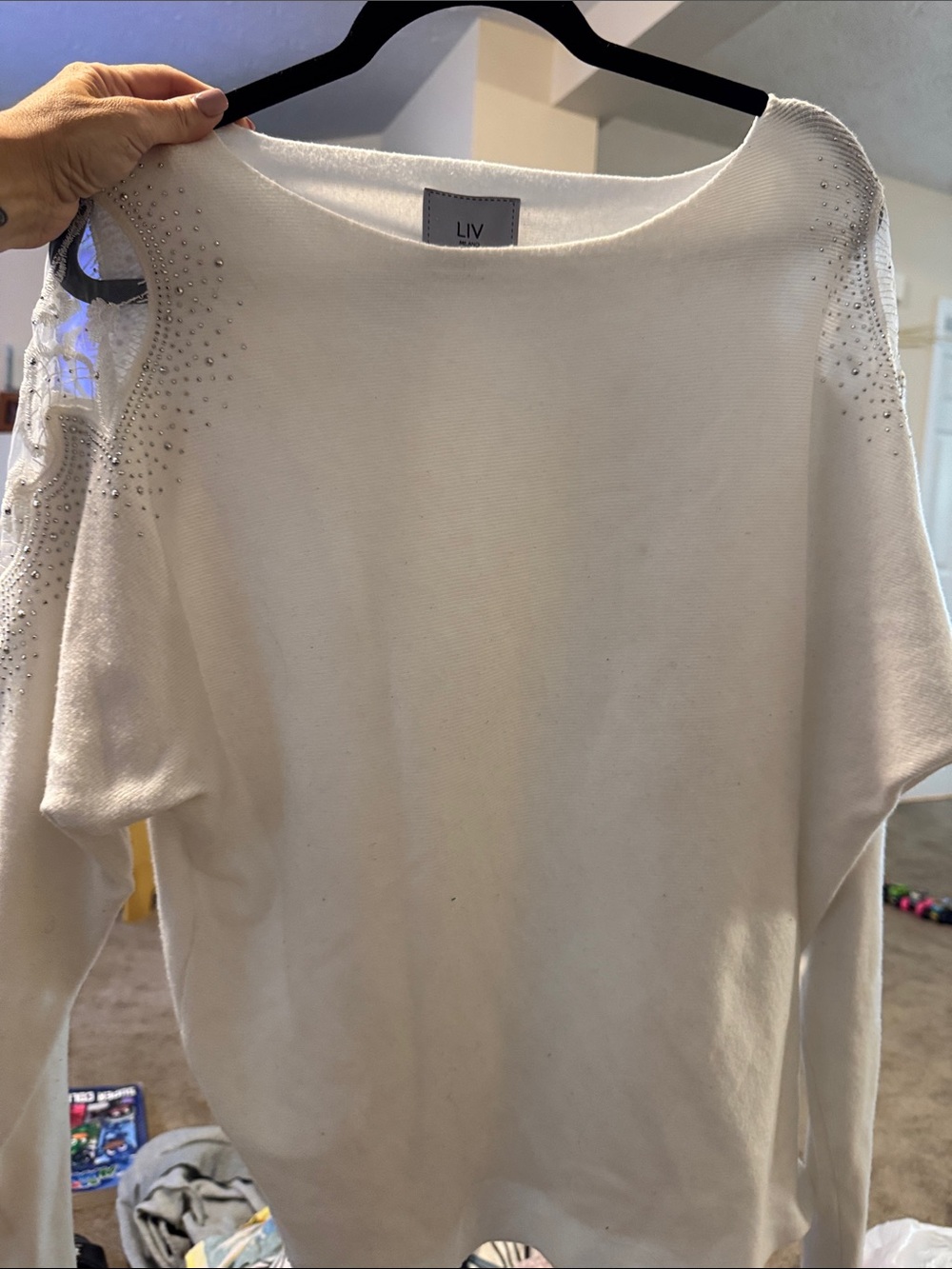 LIV White Crystal-Embellished Shoulder Sweatshirt